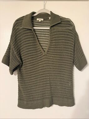 Max Studio Olive Open-Knit V-Neck Collared Sweater